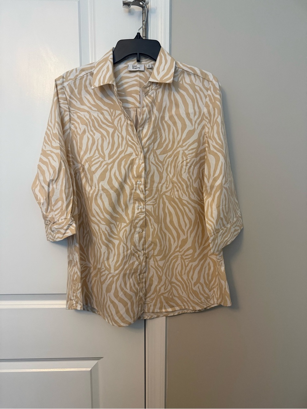 Kim Rogers Beige and White Zebra Print Button-Front Blouse